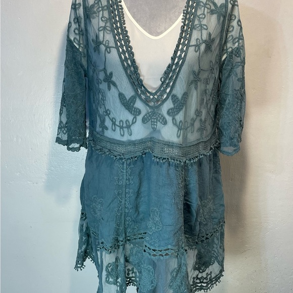 #0220 Set of 2 Lace V-Neck Tunic Dress/Swimsuit Cover Up in Purple and Teal - Picture 3 of 11